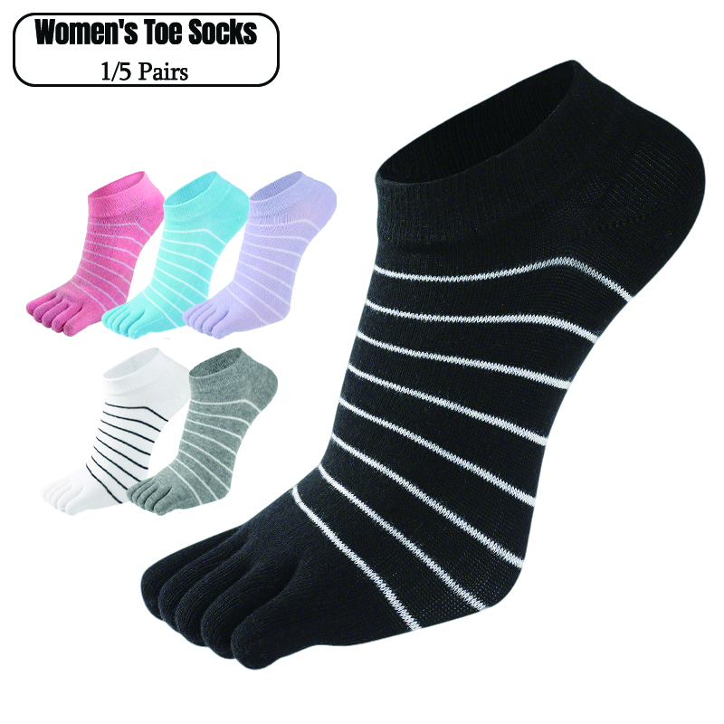 Ankle Sock Low Cut - 1/5 Pairs Women Striped Five Toe