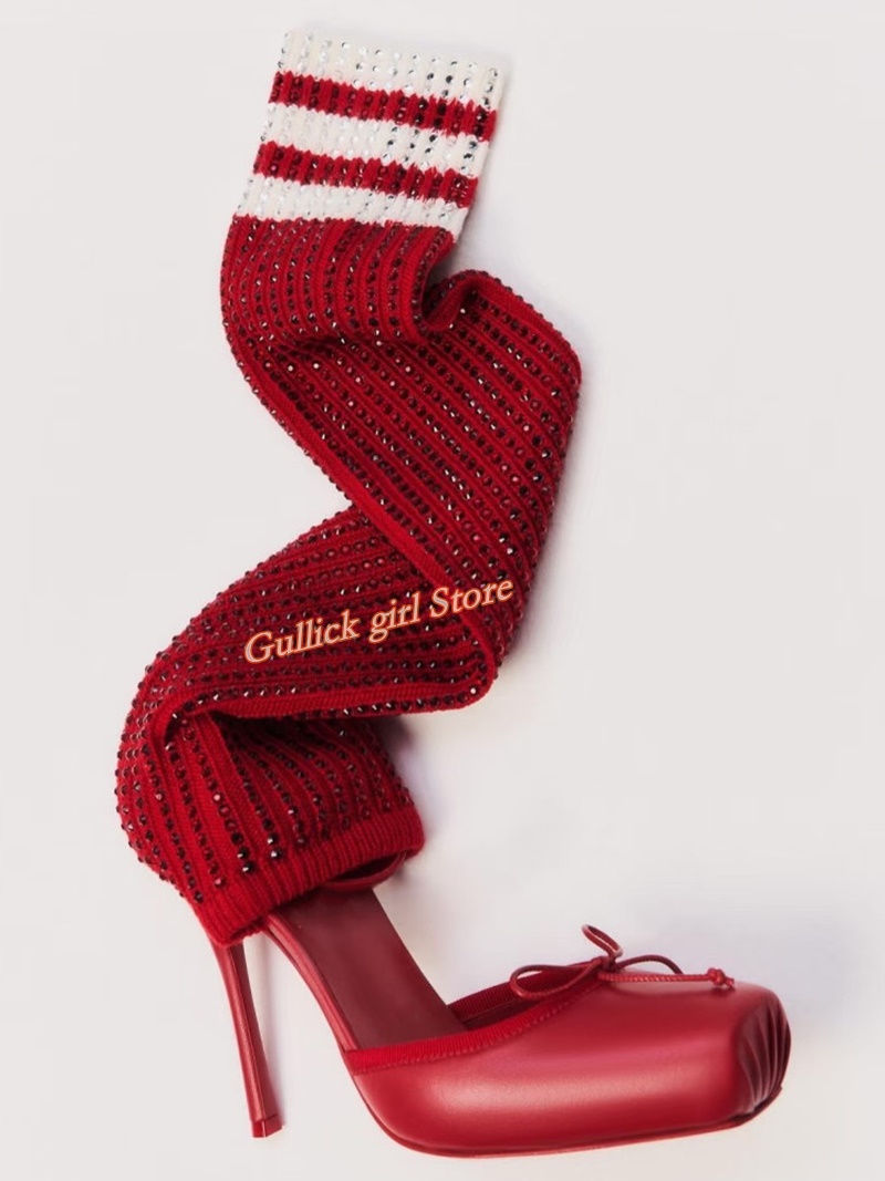 Red Knit Square Toe Boots Cut  - Knee High Sock Women avaliação e preço