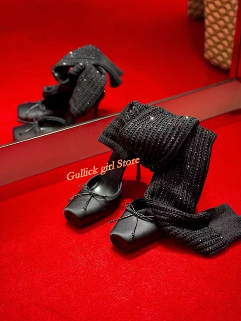 Red Knit Square Toe Boots Cut  - Knee High Sock Women avaliação e preço